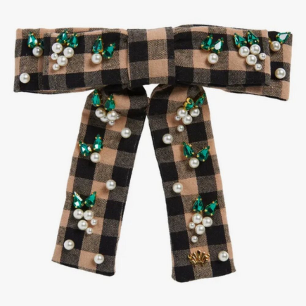 Lele Sadoughi Antoinette Embellished Gingham Bow Hair Clip Picnic Check NWT